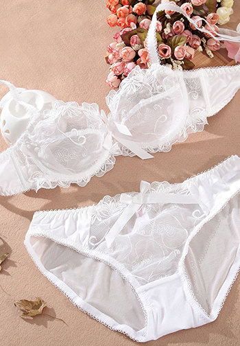 White Color Underwire Embroidery Lace Unlined Bra Set