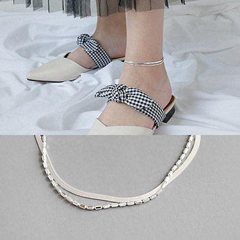 Double Layers Tube Beads Herring Bone Chain 925 Sterling Silver Anklet