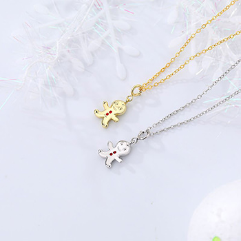 Christmas Gift Cute Gingerbread Man Silver Pendant Chain Necklace