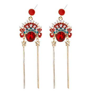 Chinese Red CZ Opera 925 Sterling Silver Dangling Earrings