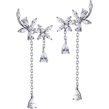 Sweet CZ Flowers 925 Sterling Silver Tassels Dangling Earrings