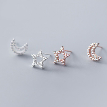 Hollow CZ Star Crescent Moon 925 Sterling Silver Studs Earrings