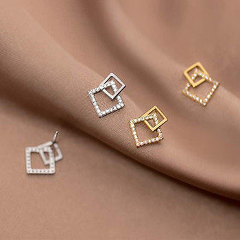 Geometry CZ Hollow Square 925 Sterling Silver Stud Earrings