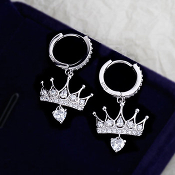 Elegant CZ Crown Heart 925 Sterling Silver Hoop Earrings