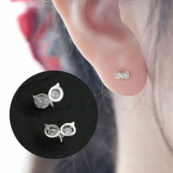 Cute Mini CZ Owl Animal 925 Sterling Silver Stud Earrings