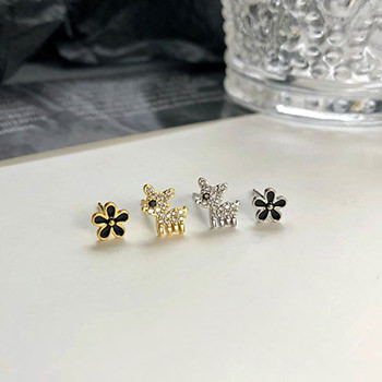 Asymmetry Black Flower CZ Deer Animal 925 Sterling Silver Stud Earrings