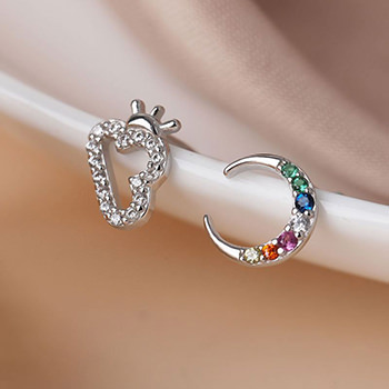 Colorful CZ Crescent Moon Cloud 925 Sterling Silver Stud Earrings