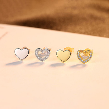 Girl Asymmetry CZ Hollow Heart 925 Sterling Silver Stud Earrings