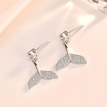 Girl CZ Fish Tail Animal 925 Sterling Silver Dangling Earrings