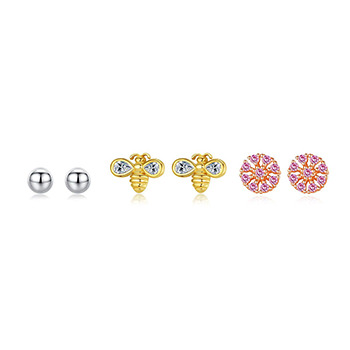 Sweet CZ Honey Bee Pink Flower Beads 925 Sterling Silver Stud Earrings