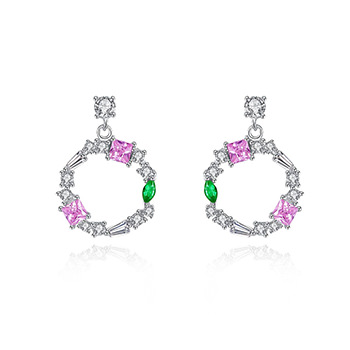 Pink Green CZ Cube CZ Circle 925 Sterling Silver Stud Earrings