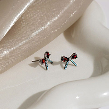 Graduation Red Blue CZ Bow Knot 925 Sterling Silver Stud Earrings