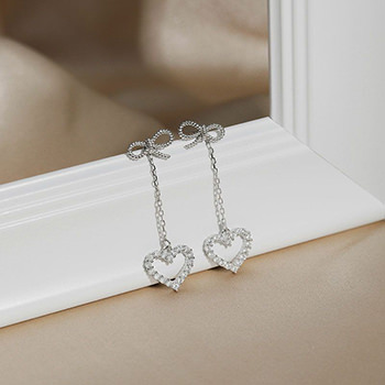 Sweet Hollow CZ Heart Bowknot 925 Sterling Silver Dangling Earrings