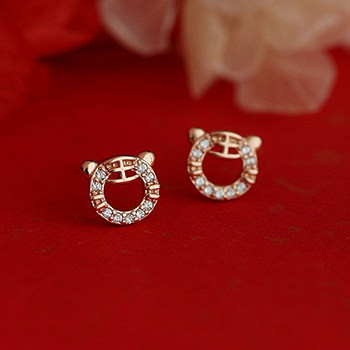 Cute Mini CZ Tiger Heads 925 Sterling Silver Stud Earrings