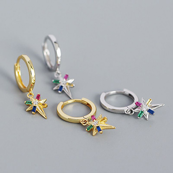 Colorful CZ Octagonal Star Simple 925 Sterling Silver Hoop Earrings