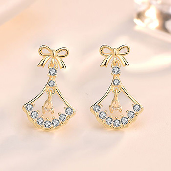 Sweet CZ Bowknot Hollow Sector Fan 925 Sterling Silver Dangling Earrings