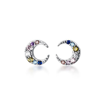 Colorful Cubic Zirconia Crescent Moon 925 Sterling Silver Stud Earrings