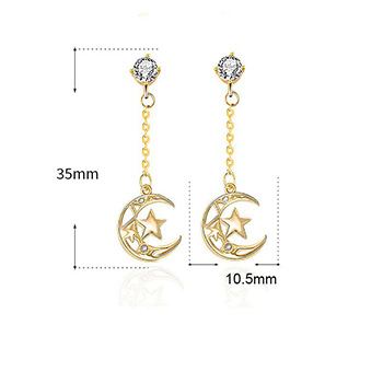 Hollow CZ Crescent Moon Stars 925 Sterling Silver Dangling Earrings