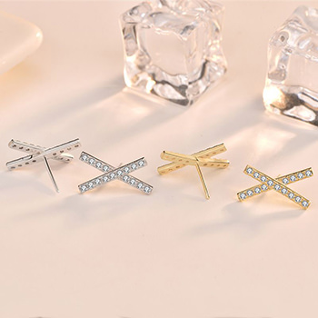 Simple CZ Letter X Cross 925 Sterling Silver Stud Earrings