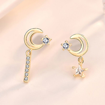 Asymmetry CZ Stars Crescent Moon  925 Sterling Silver Dangling Earrings