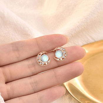 Natural Moonstone Star CZ Crescent Moon 925 Sterling Silver Stud Earrings