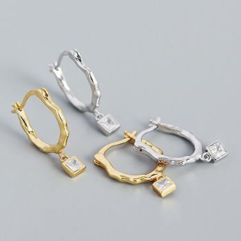 Irregular CZ Square Geometry 925 Sterling Silver Hoop Earrings