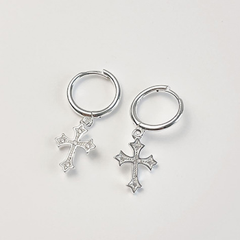 Office CZ Cross 925 Sterling Silver Hoop Earrings