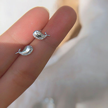 Cute Mini CZ Little Whale 925 Sterling Silver Stud Earrings