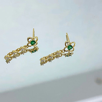 Green CZ Flower Chain Tassels 925 Sterling Silver Dangling Earrings