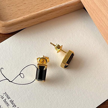 Office Black Baguette CZ Geometry 925 Sterling Silver Stud Earrings