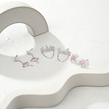 Pink CZ Stars Planet Sweet Letters 925 Sterling Silver Dangling Earrings