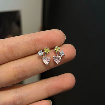 Sweet Pink CZ Heart Leaf Cherry 925 Sterling Silver Stud Earrings