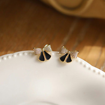 Classic Black CZ Bow-Knot 925 Sterling Silver Stud Earrings