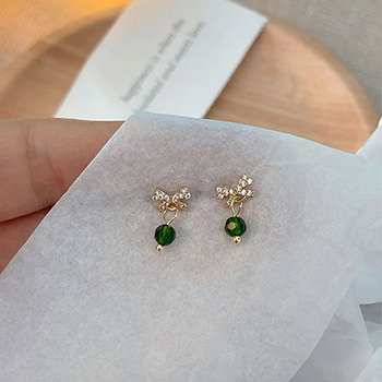 Girl Mini CZ Bow-Knot Green Beads 925 Sterling Silver Stud Earrings