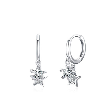 Girl Double Shining CZ Stars 925 Sterling Silver Hoop Earrings