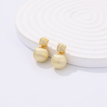 Simple Matting Gold CZ Cross Round Ball 925 Sterling Silver Stud Earrings