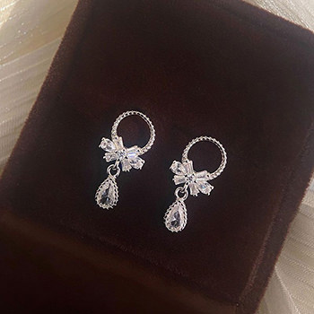 Sweet CZ Bow-Knot Garlands Waterdrop Silver Dangling Earrings