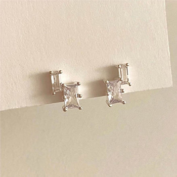 Geometry White CZ Baguette Rectangle 925 Sterling Silver Stud Earrings