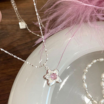 Sweet Pink CZ Star Flower 925 Sterling Silver Necklace