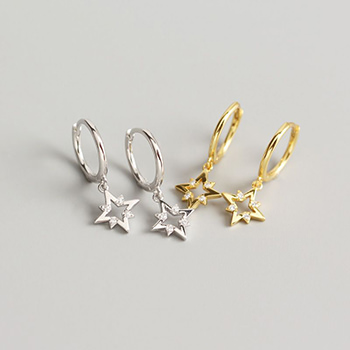 Simple Hollow CZ Quadrangular Star Silver Drop Dangling Earrings