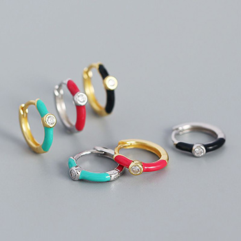 Fashion Colorful Epoxy Round CZ 925 Sterling Silver Hoop Earrings