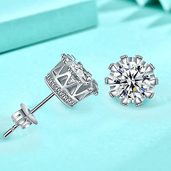 Women Gift Round Princess Crown 925 Sterling Silver Stud Earrings