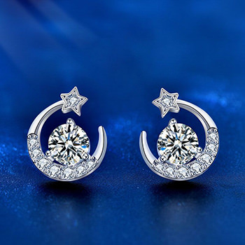 Classic Moissanite CZ Crescent Moon Star 925 Sterling Silver Stud Earrings