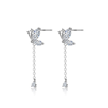 Elegant Flying Butterfly CZ Drop Tassels 999 Sterling Silver Dangling Earrings