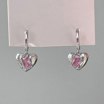 Girl Pink CZ Geometry Heart 925 Sterling Silver Leverback Dangling Earrings