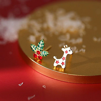 Christmas Fruit Asymmetry CZ Star Elk 925 Sterling Silver Stud Earrings