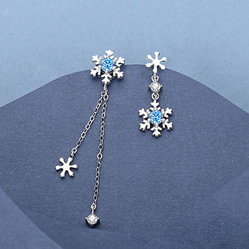 Holiday Blue CZ Snowflakes Asymmetry 925 Sterling Silver Dangling Earrings