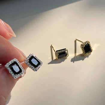 Elegant Black CZ Baguette Geometry 925 Sterling Silver Stud Earrings