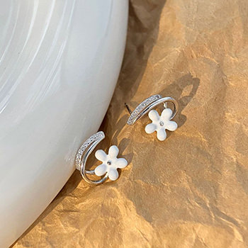 Girl White Epoxy Flower CZ C Shape 925 Sterling Silver Stud Earrings