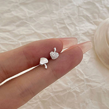 Cute Asymmetry CZ Heart Mushroom 925 Sterling Silver Stud Earrings